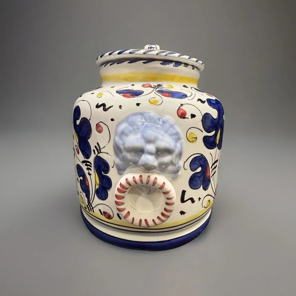 Deruta Italy Hand Painted Biscotti Large Oval Cookie Jar Canister Rooster VTG